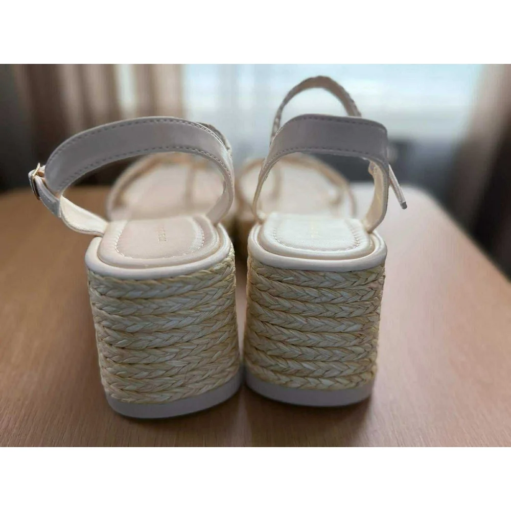 Light Beige Nude Women Espadrille Strappy Chunky Wedge Platform Sandals 9.5 M